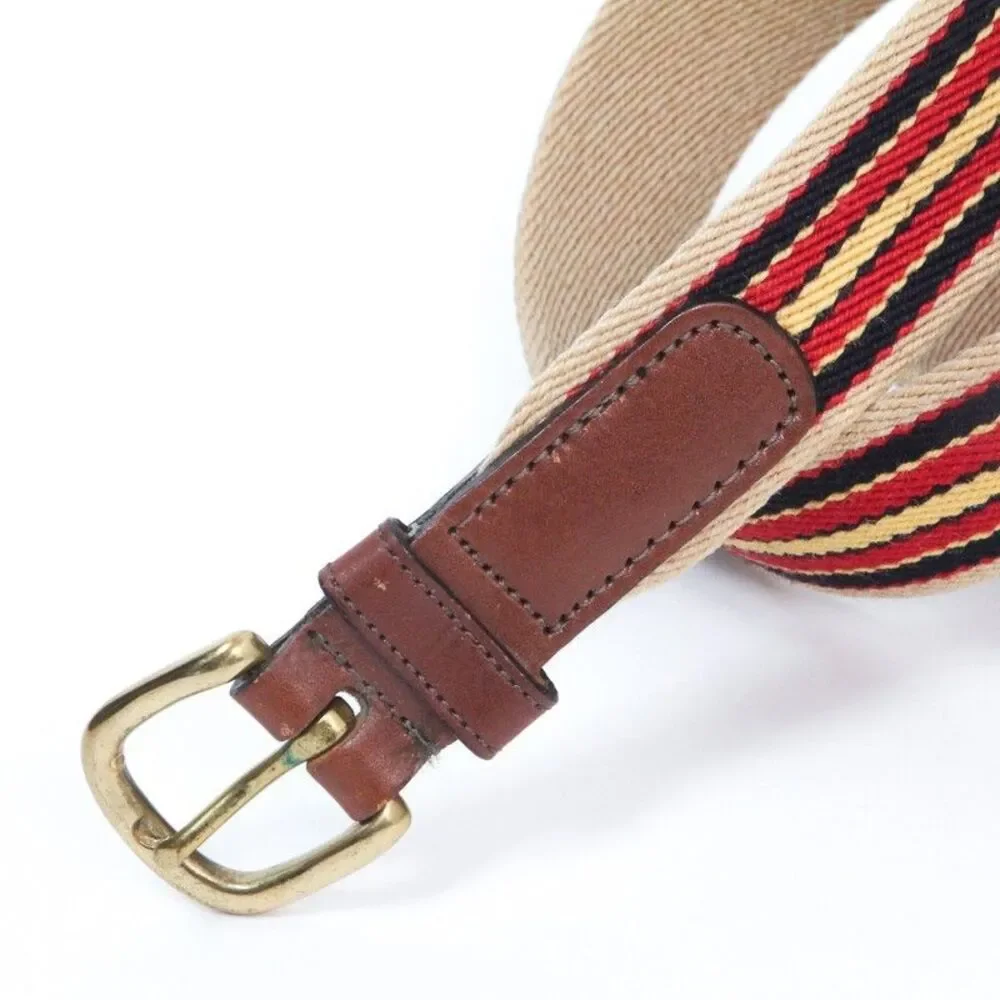 Dooney & Bourke Mens Belt 42 Brown Leather Canvas Stripe Preppy Solid Brass USA